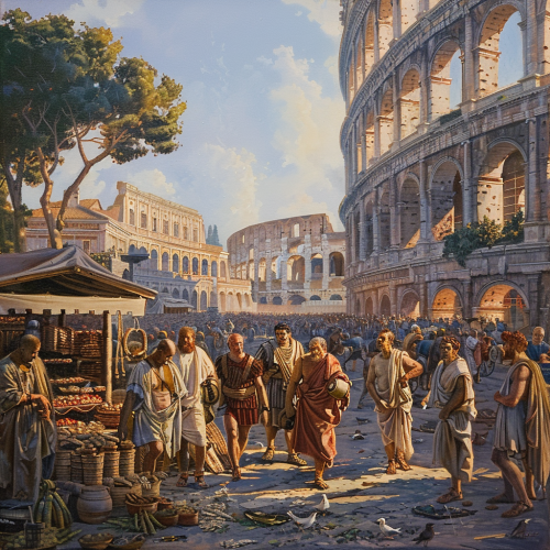 Oil painting of morning in ancient Rome marketplace.