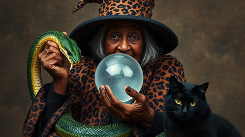 Old African granny witch with leopard skin, crystal ball.