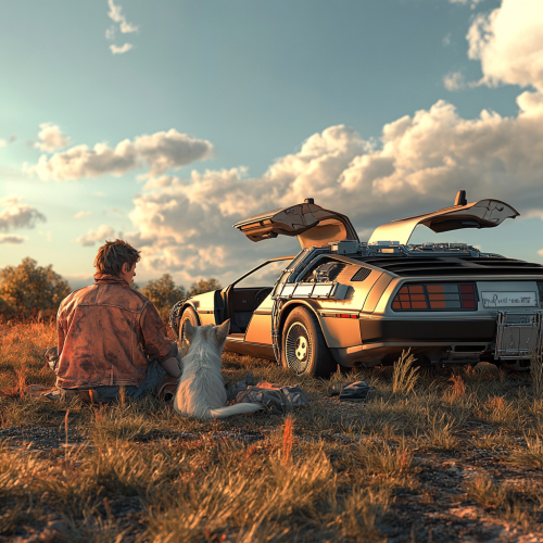 Old Marty McFly and Doc Brown with dog near. Old Marty McFly and Doc Brown with dog near.