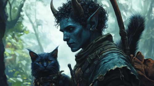 Old Tiefling Ranger and Cat Companion: Video Game Concept