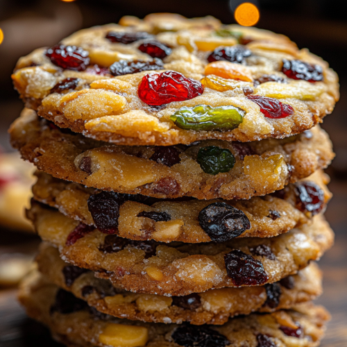 Old-fashioned fruitcake cookies with colorful candied fruits