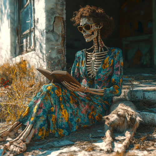 Old skeleton woman in floral dress reads outside decrepit home.