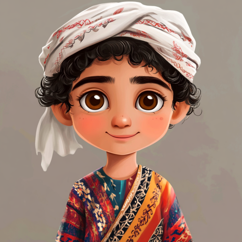 Olive skin, curly hair, brown eyes, colorful attire, keffiyeh