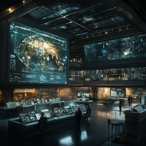 Opposing superpowers control rooms with advanced technology and holographics.