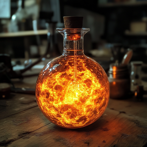 Orange glowing locked alchemical flask on lab table