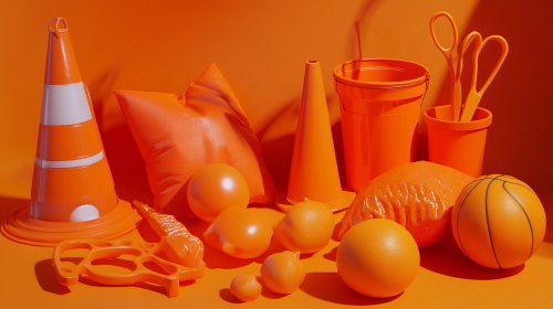 Orange items on table with background, ultra-realistic shot
