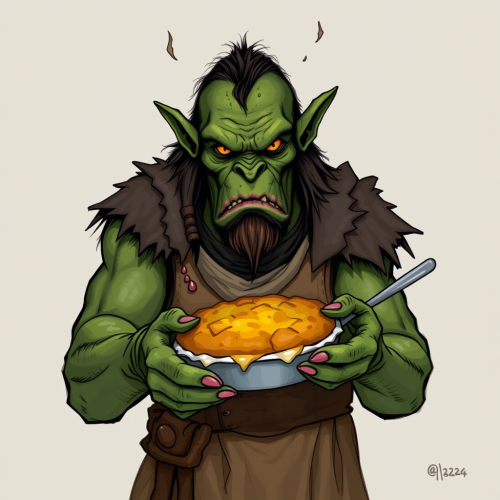 Orc Holding Steak and Kidney Pie in Fantasy Style