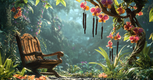 Orchid Garden with Wooden Chair in Morning Light