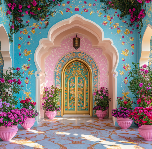 Ornate Arabian architecture with floral patterns and entrance