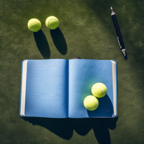 Overhead Tennis Balls & Notebook on Blue Court