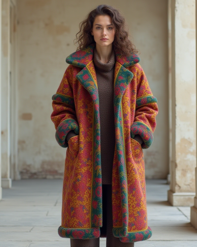 Oversized fashionable coat in multicolored pattern, 2050.