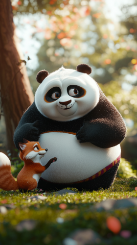 Panda holding fox's hand talks to dog in park.