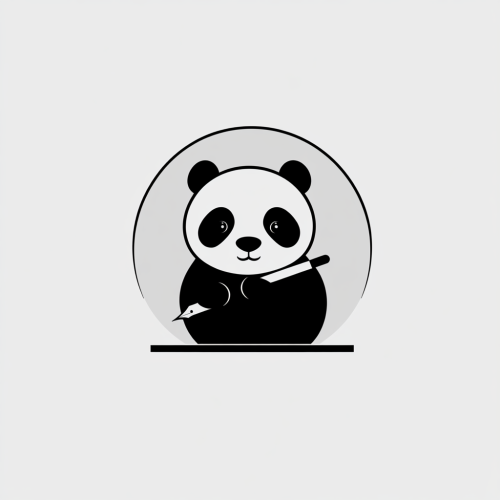 Panda holding pen in simple logo design.