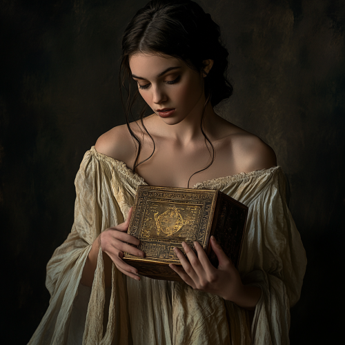 Pandora, the woman with Pandora's box, hesitates