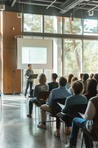 Participants practice speeches with modern educational tools and lighting.