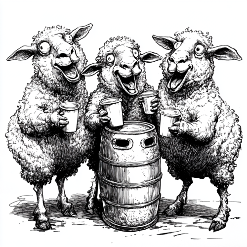 Party sheep around keg - one mischief, two drunk