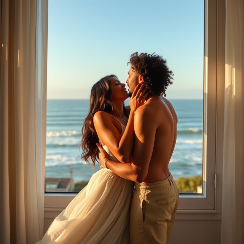 Passionate love by window in California seaside suite.