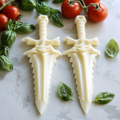Pasta knives with elegant design, tomato and basil background