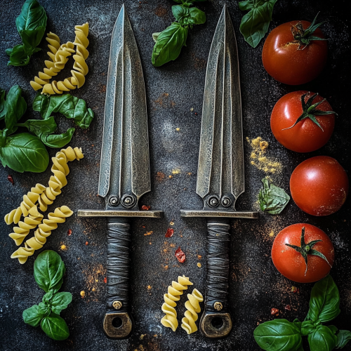 Pasta knives with tomatoes and basil background