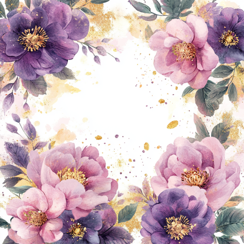 Pastel-colored flowers with gradient of purple and pink. Gold accents, spiritual, sparkling, watercolor-style look. Flowers blooming on edges, white center space.
