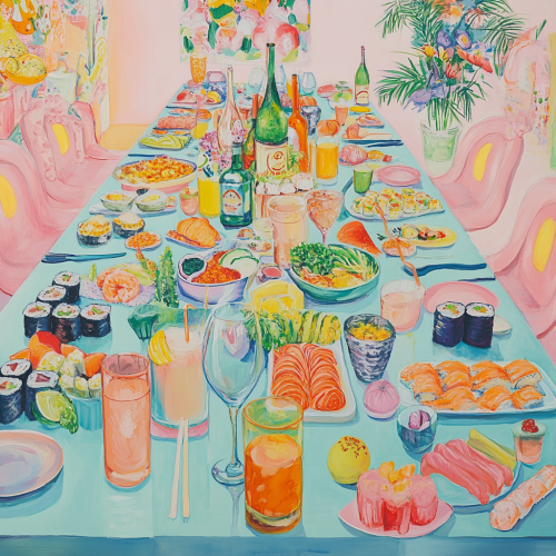 Pastel dining room table with sushi, veggies, drinks.