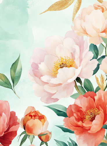 Pastel floral pattern cover with golden border on mint.