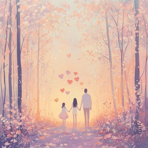 Pastel forest at sunset, family silhouettes in love. Pastel forest at sunset, family silhouettes in love.