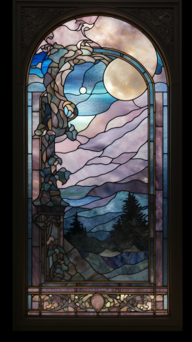 Pastel stained glass window scene with moonlight reflection. Pastel stained glass window scene with moonlight reflection.