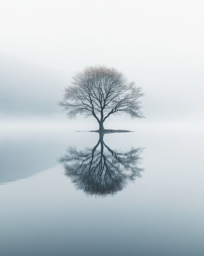 Pastel tree in serene lake district, misty morning photography.