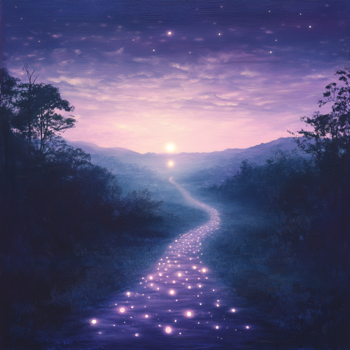Pathway of glowing orbs leads towards ethereal light. Pathway of glowing orbs leads towards ethereal light.