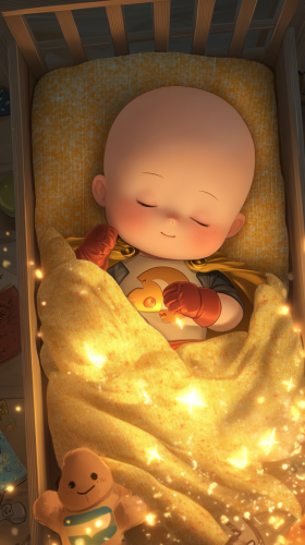 Peaceful Baby Saitama sleeping in cute superhero-themed crib.
