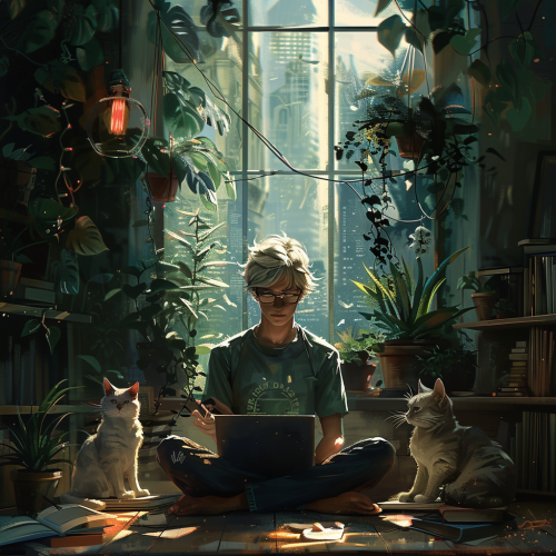 Peaceful Blend of Nature, Tech and Cats