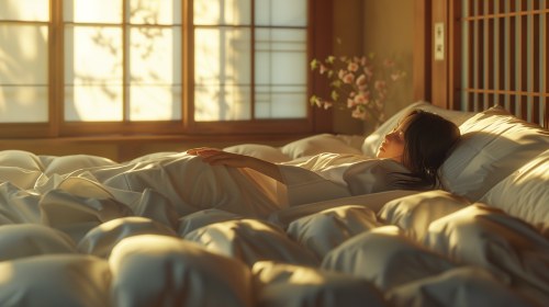 Peaceful Japanese woman sleeping in cozy bed scene