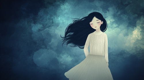 Peaceful Korean girl in serene, mystical atmosphere.