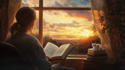 Peaceful Moment by the Window: Bible, Sunrise, Church
