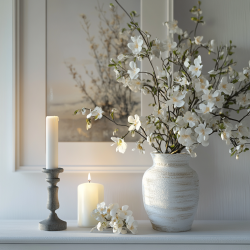 Peaceful Scandinavian home altar with flowers and candle