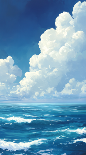 Peaceful ocean under bright sky with scattered clouds