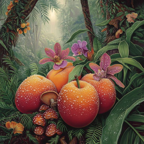 Peaches in Colorful Rainforest: Vivid, Lively Scene