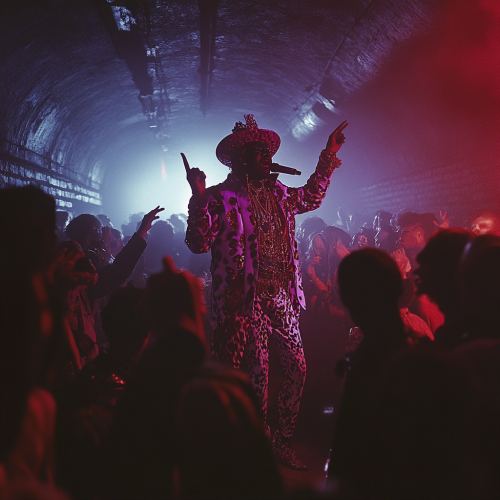 Pearly king preaching in dark, moody underground club.