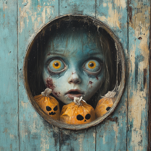 Peeking through hole sees spooky ghost kids with candies