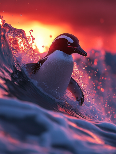 Penguin surfing on wave at sunset in dreamy, vibrant colors