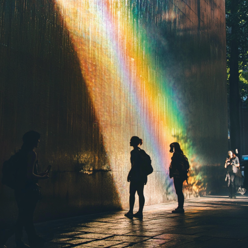 People Underground Discovering Beautiful Rainbow Outside