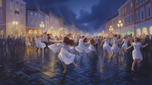 People and musicians dance in colorful carnival procession.