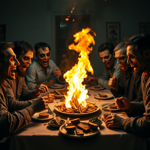 People eating at table with fire coming out.