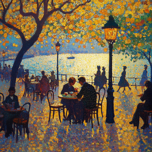 People in Copacabana painting: yellow lights, coffee, shadows. People in Copacabana painting: yellow lights, coffee, shadows.