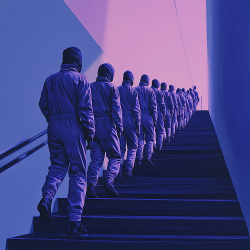 People in blue and purple jumpsuits climbing stairs
