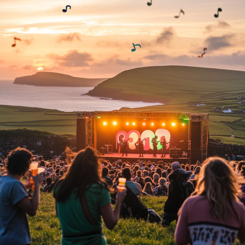 People partying at outdoor concert stage surrounded by nature.