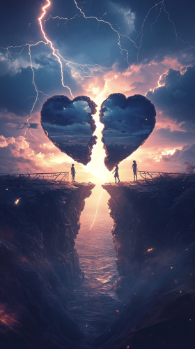 People protecting heart from lightning, connected by bridges.
