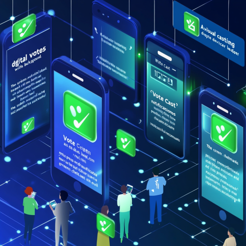 People voting digitally, blockchain updating, 'Vote Cast' notifications