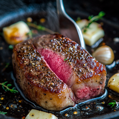 Perfectly seared steak with melted butter and herbs